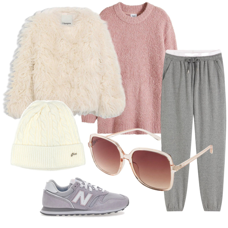 Outfit donna - Total look #2298458. Stile Casual chic per Tutti i giorni. Abbinamento con pantaloni, ecopellicce, maglieria, occhiali da sole, berretti, sneakers.