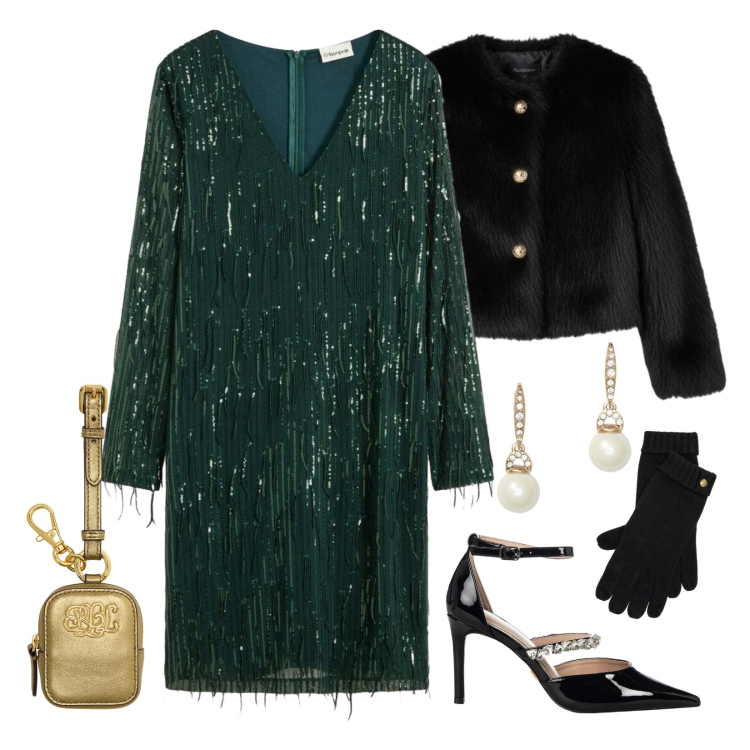 Outfit donna - Curry luminosa!. Stile Glamour per Serata fuori. Abbinamento con vestiti, décolleté, ecopellicce, pochette, orecchini, guanti.