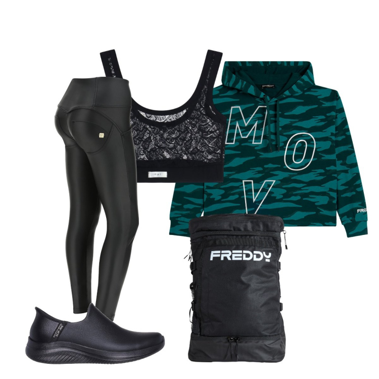 Outfit donna - Pronta per la palestra. Stile Sporty chic per Sport. Abbinamento con top, felpe con cappuccio, zaini, pantaloni skinny, sneakers.