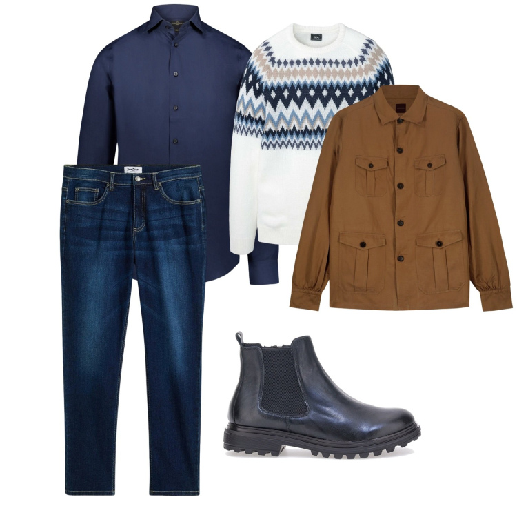 Outfit uomo - Dicembre. per Tutti i giorni. Abbinamento con jeans, maglieria, camicie, cappotti, stivali e stivaletti.