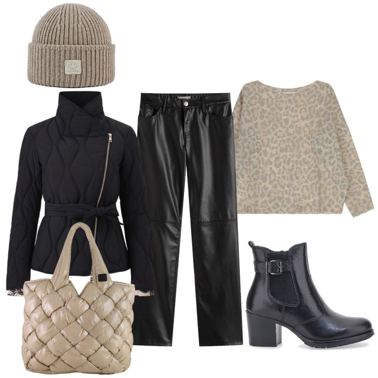 Outfit donna - Sabbia e nero. Stile Minimal per Tutti i giorni. Abbinamento con pantaloni, maglieria, piumini, cappelli, borse tote, stivaletti.