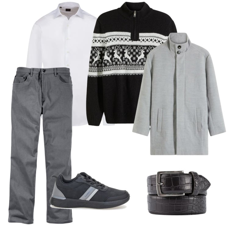 Outfit uomo - Festa. per Ufficio. Abbinamento con pantaloni, maglieria, cappotti, camicie, cinture, sneakers.