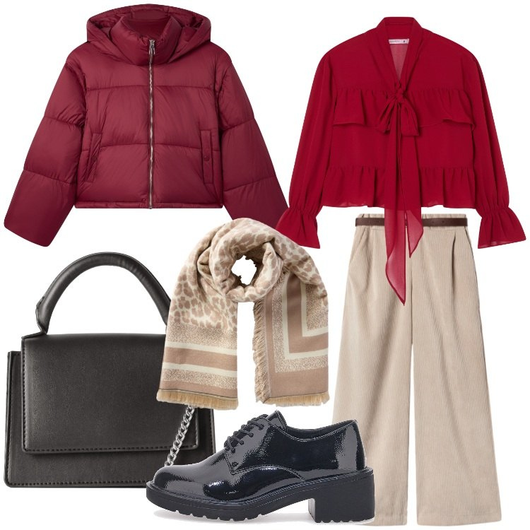 Outfit donna - Terranova - Xmas Edition 2025. Stile Trendy per Serata fuori. Abbinamento con bomber, pantaloni, camicie, borse a tracolla, sciarpe, scarpe stringate.