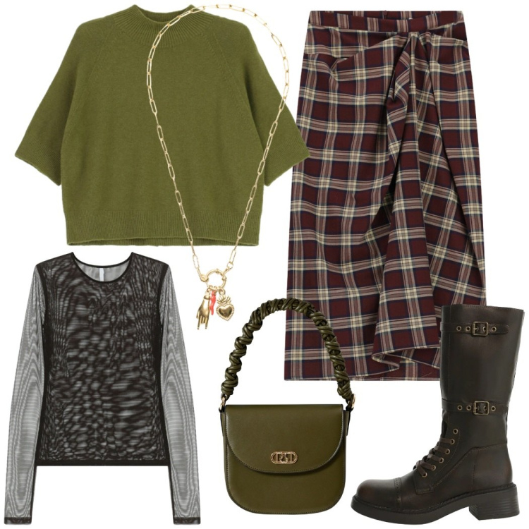 Outfit donna - Giorni di festa. Stile Casual chic per Tutti i giorni. Abbinamento con borse a mano, gonne longuette, maglieria, stivali, t-shirt, ciondoli.