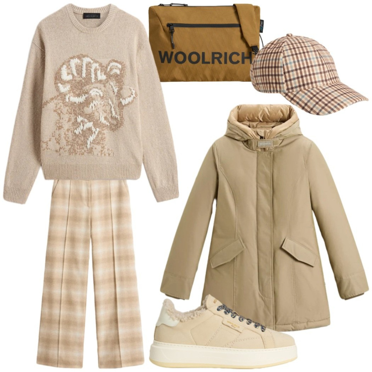 Outfit donna - Total look #2298477. Stile Casual chic per Tutti i giorni. Abbinamento con parka, sneakers, maglieria, borse a tracolla, pantaloni, cappelli.