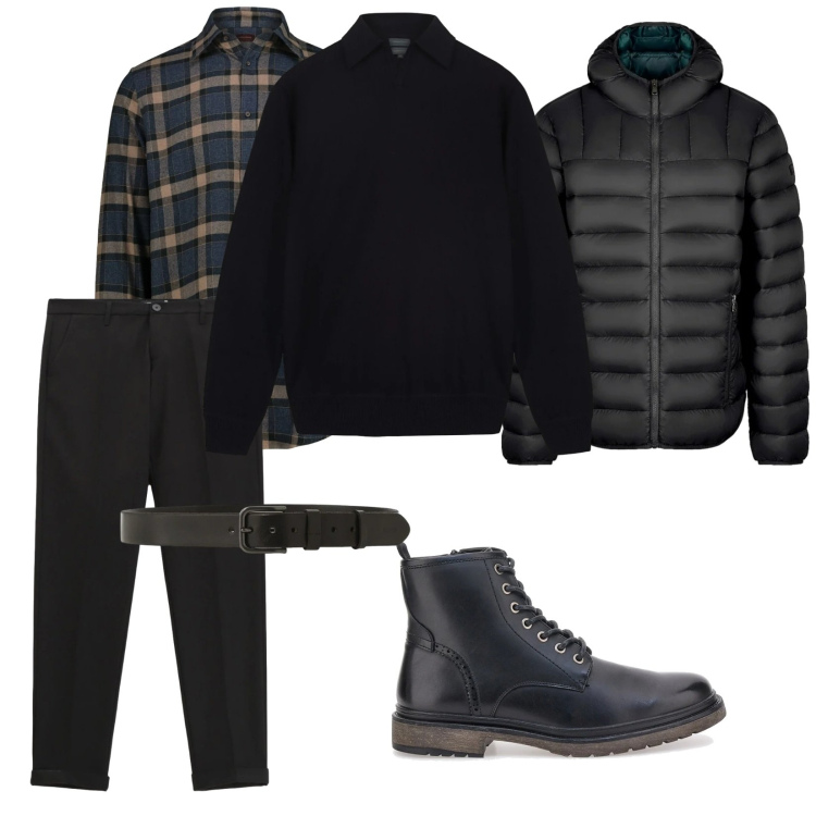 Outfit uomo - Total black. per Ufficio. Abbinamento con pantaloni, cinture, piumini, anfibi, camicie, maglieria.
