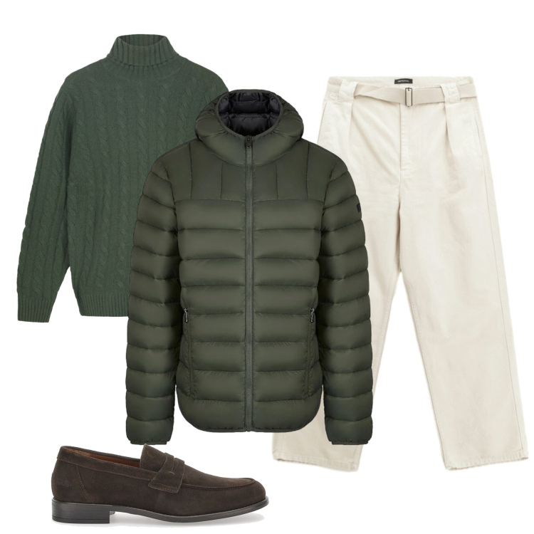 Outfit uomo - Total look #2298482. Stile Casual per Cerimonia. Abbinamento con pantaloni, piumini, scarpe stringate, maglieria.