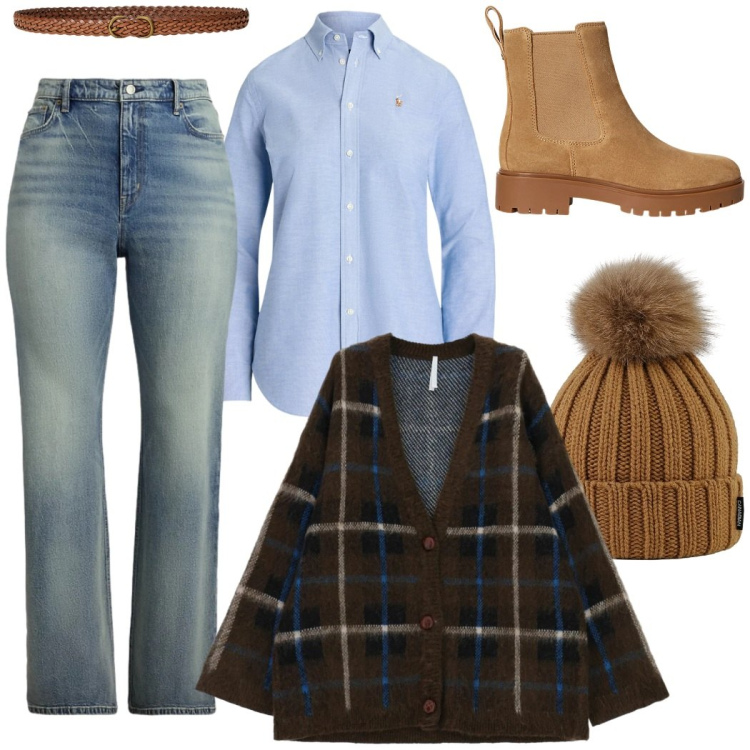 Outfit donna - Il cardigan soffice. Stile Casual chic per Tutti i giorni. Abbinamento con cardigans, jeans, cinture, camicie, stivaletti chelsea, berretti.