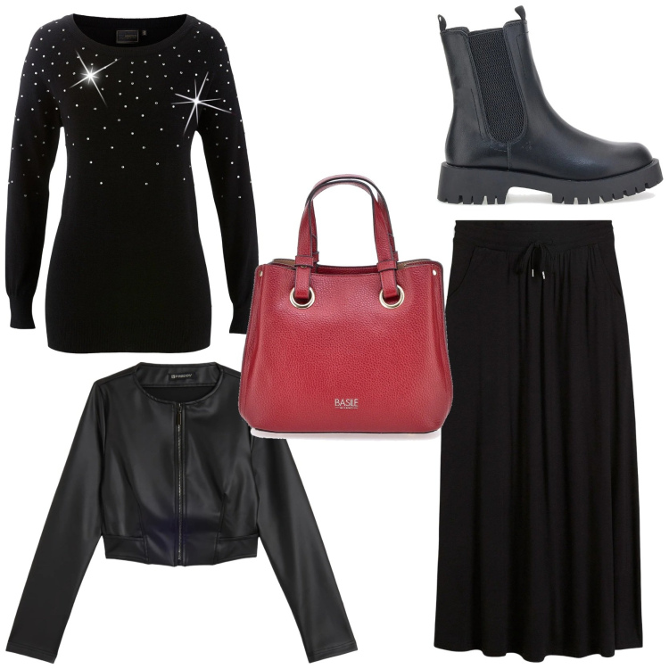 Outfit donna - Grintosa in rosso. Stile Trendy per Serata fuori. Abbinamento con gonne, maglieria, giacche, stivaletti chelsea, borse a mano.