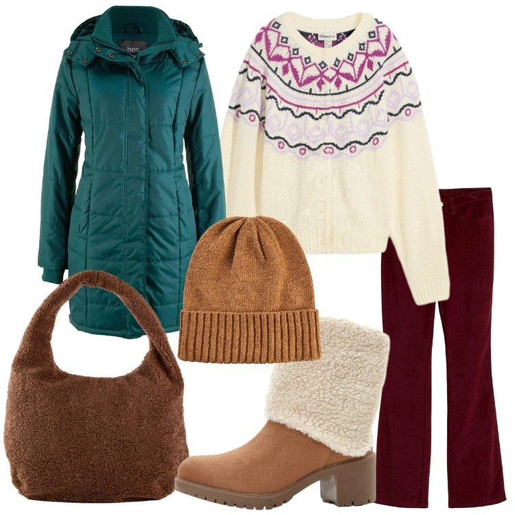 Outfit donna - Winter Looks, XMas Mood. Stile Basic per Tutti i giorni. Abbinamento con cardigans, giacche, stivaletti, berretti, shopping bag, pantaloni.