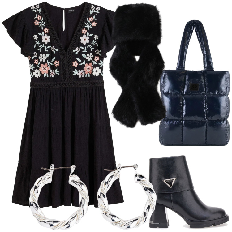 Outfit donna - Boho stasera. Stile Boho per Serata fuori. Abbinamento con vestiti, orecchini, berretti, shopping bag, stivaletti.