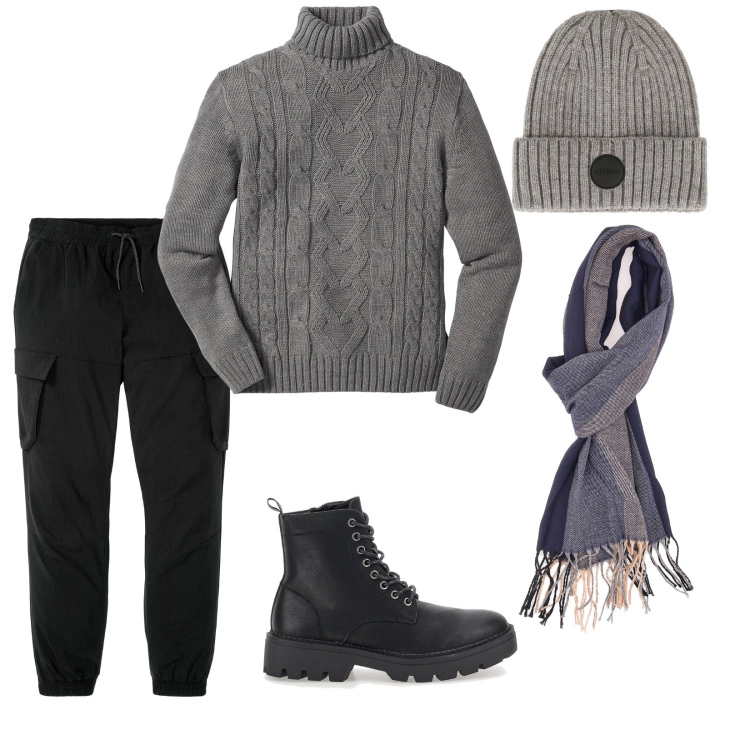 Outfit uomo - Giornata di shopping. per Tutti i giorni. Abbinamento con maglieria, pantaloni cargo, cappelli, sciarpe, anfibi.