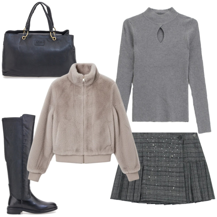 Outfit donna - Preppy party. Stile Preppy per Serata fuori. Abbinamento con minigonne, bomber, maglieria, borse a mano, stivali.