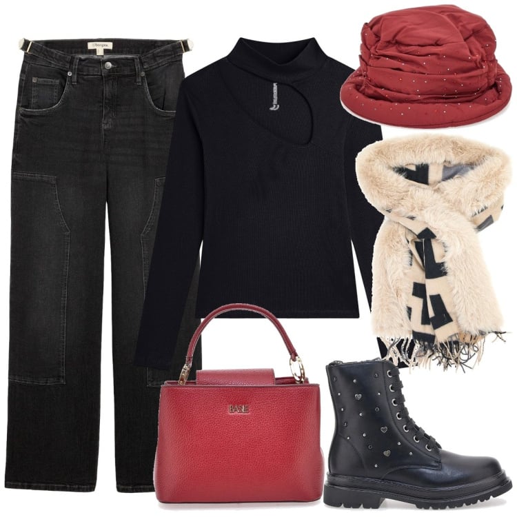Outfit donna - Rosso xmas. Stile Trendy per Tutti i giorni. Abbinamento con jeans, maglieria, anfibi, cappe, borse a mano, cappelli.