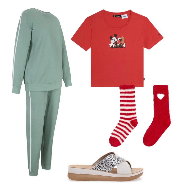 Outfit donna - Total look #2298512. Stile Minimal per Tutti i giorni. Abbinamento con tute sportive, calzini, t-shirt, ciabatte.