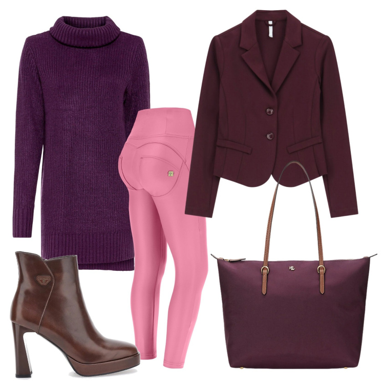 Outfit donna - Total look #2298513. Stile Casual chic per Ufficio. Abbinamento con maglieria, blazer, pantaloni skinny, borse tote, stivaletti.