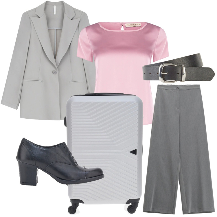 Outfit donna - La valigia perfetta. Stile Casual per Tutti i giorni. Abbinamento con cinture, bluse, blazer, pantaloni a palazzo, scarpe stringate, valigie.