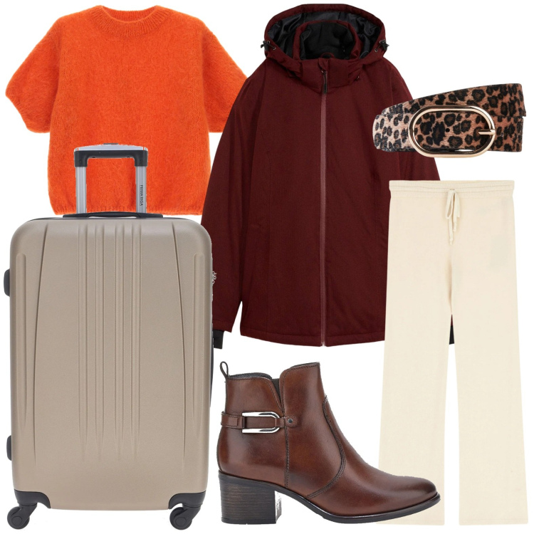 Outfit donna - Weekend invernale. Stile Casual per Tutti i giorni. Abbinamento con blazer, cinture, maglieria, pantaloni a palazzo, valigie, stivaletti.