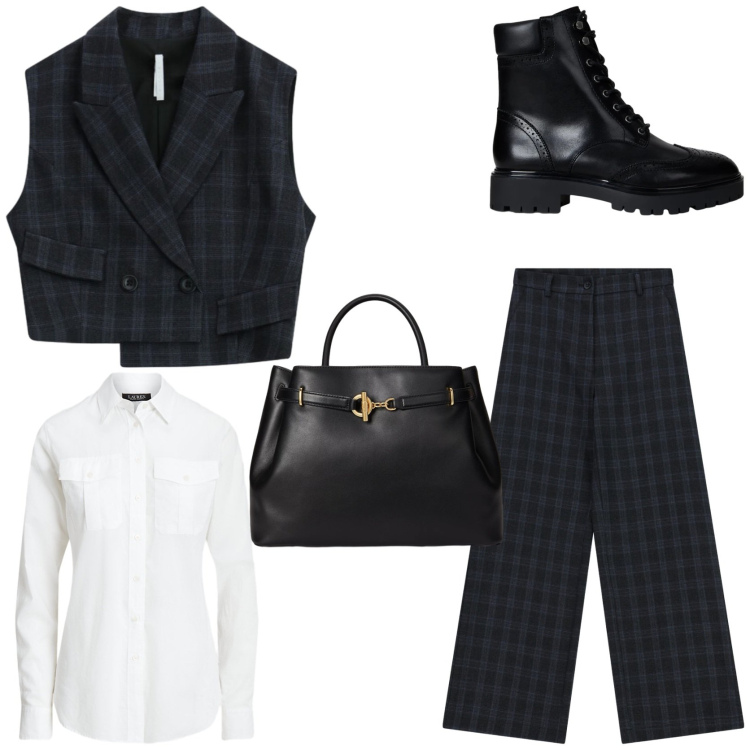 Outfit donna - Mannish look. Stile Mannish per Tutti i giorni. Abbinamento con pantaloni a palazzo, gilet, anfibi, borse a mano, camicie.