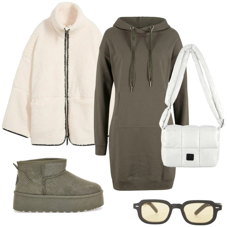 Outfit donna - L\'abito glamour. Stile Basic per Tutti i giorni. Abbinamento con vestiti, blazer, occhiali da sole, borse a spalla, stivaletti.