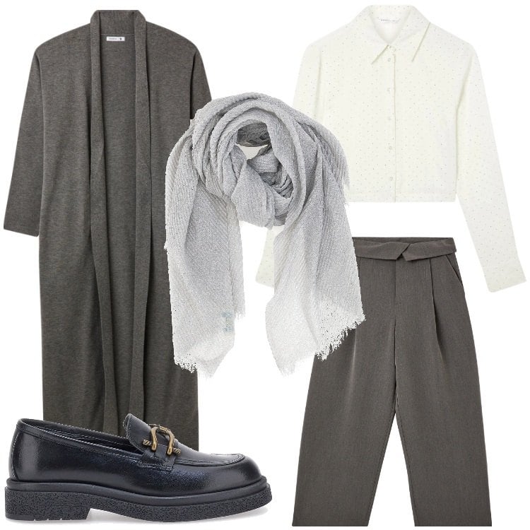 Outfit donna - Ufficio a dicembre. Stile Mannish per Ufficio. Abbinamento con pantaloni, camicie, cardigans, foulard, mocassini.