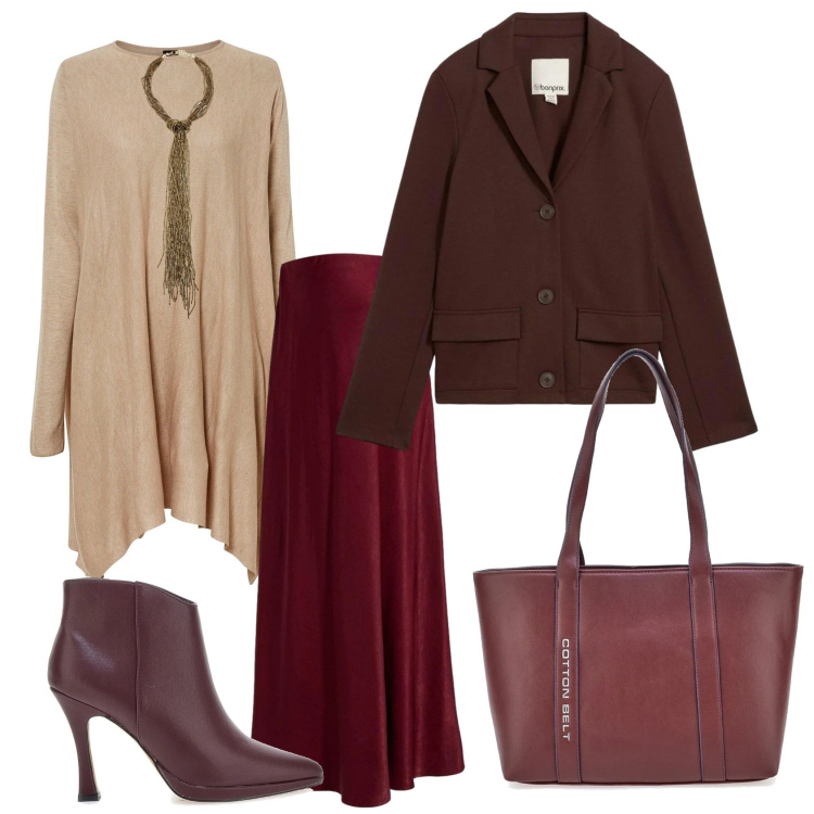 Outfit donna - Total look #2298526. Stile Casual chic per Ufficio. Abbinamento con gonne, maglieria, blazer, collane, shopping bag, stivaletti.