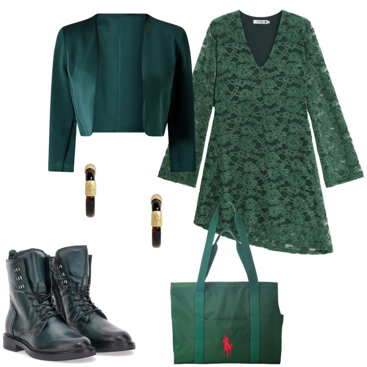 Outfit donna - Total look #2298529. Stile Casual chic per Serata fuori. Abbinamento con vestiti corti, bolero, borse tote, orecchini, anfibi.