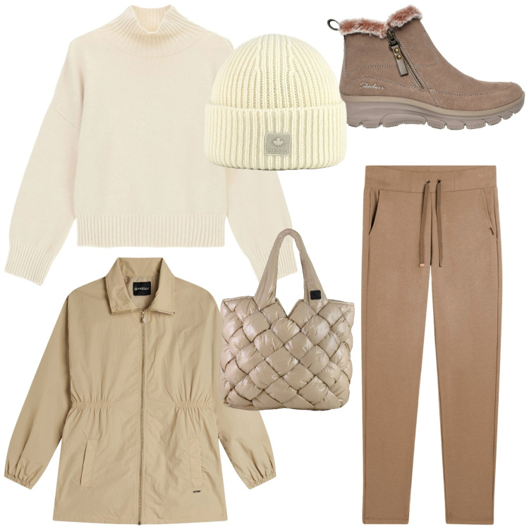 Outfit donna - Il maglioncino essenziale. Stile Casual per Tutti i giorni. Abbinamento con maglieria, pantaloni, parka, berretti, borse tote, stivaletti.