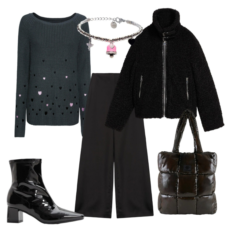 Outfit donna - Total look #2298535. Stile Casual chic per Tutti i giorni. Abbinamento con maglieria, stivaletti, ecopellicce, braccialetti, shopping bag, pantaloni a palazzo.