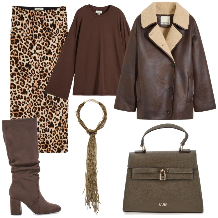 Outfit donna - Un tocco animalier per le feste. Stile Etnico per Tutti i giorni. Abbinamento con blazer, maglieria, gonne longuette, collane, stivali sopra il ginocchio, borse a mano.