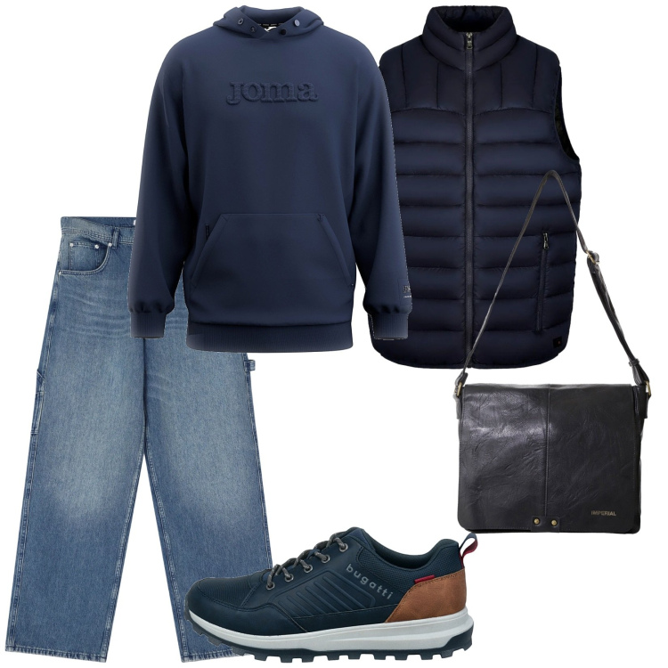 Outfit uomo - Oggi così. per Ufficio. Abbinamento con jeans, borse sportive, piumini, sneakers, felpe con cappuccio.