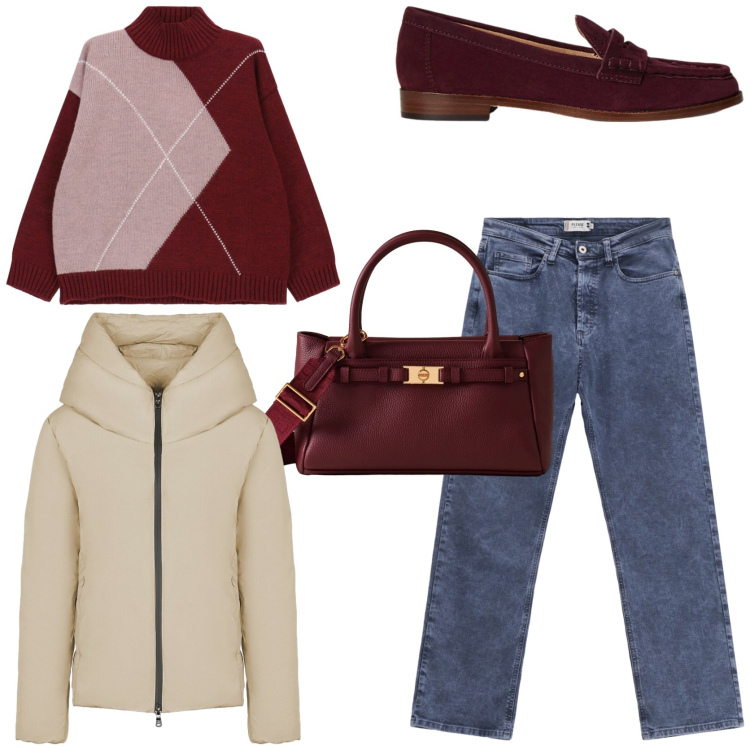 Outfit donna - Il denim in inverno. Stile Casual chic per Tutti i giorni. Abbinamento con jeans dritti, maglieria, borse a mano, mocassini, blazer.