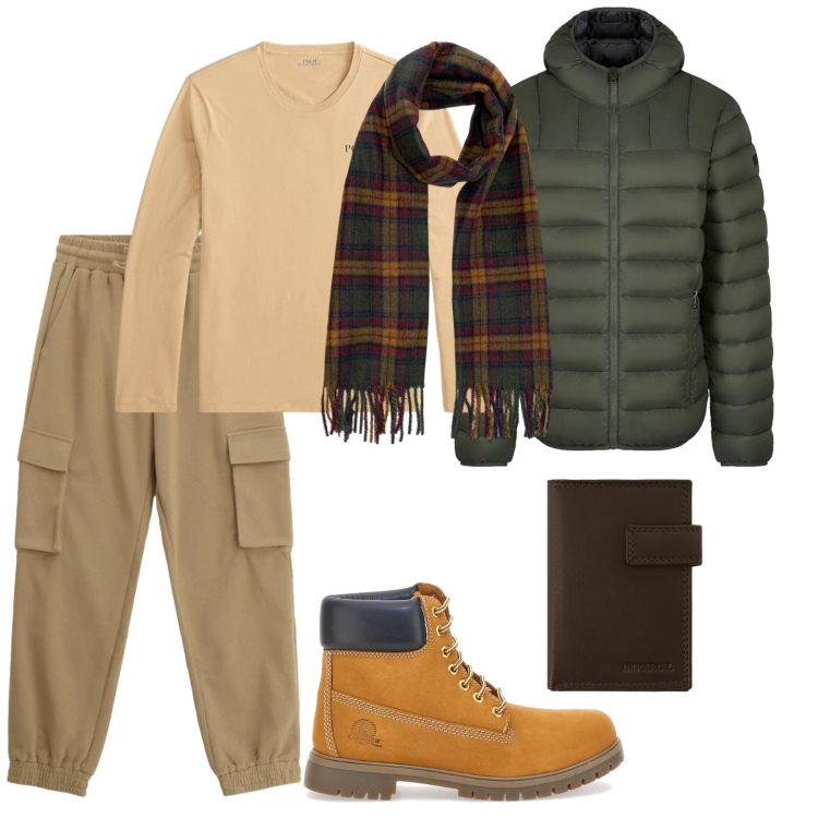 Outfit uomo - Scopping. per Tutti i giorni. Abbinamento con portafogli, pantaloni cargo, piumini, t-shirt, stivali e stivaletti, sciarpe.