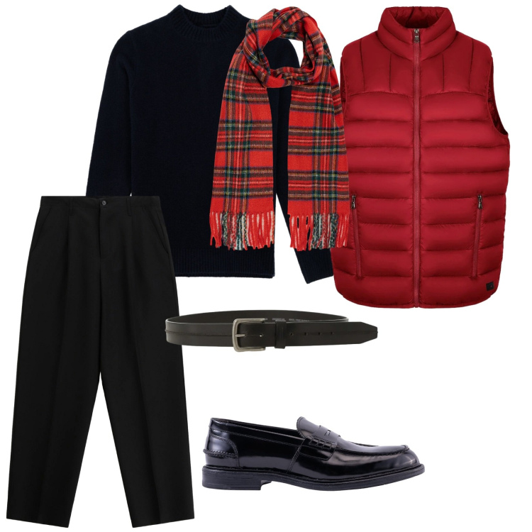 Outfit uomo - Compere natalizie. per Tutti i giorni. Abbinamento con pantaloni, cinture, gilet, maglieria, scarpe stringate, sciarpe.