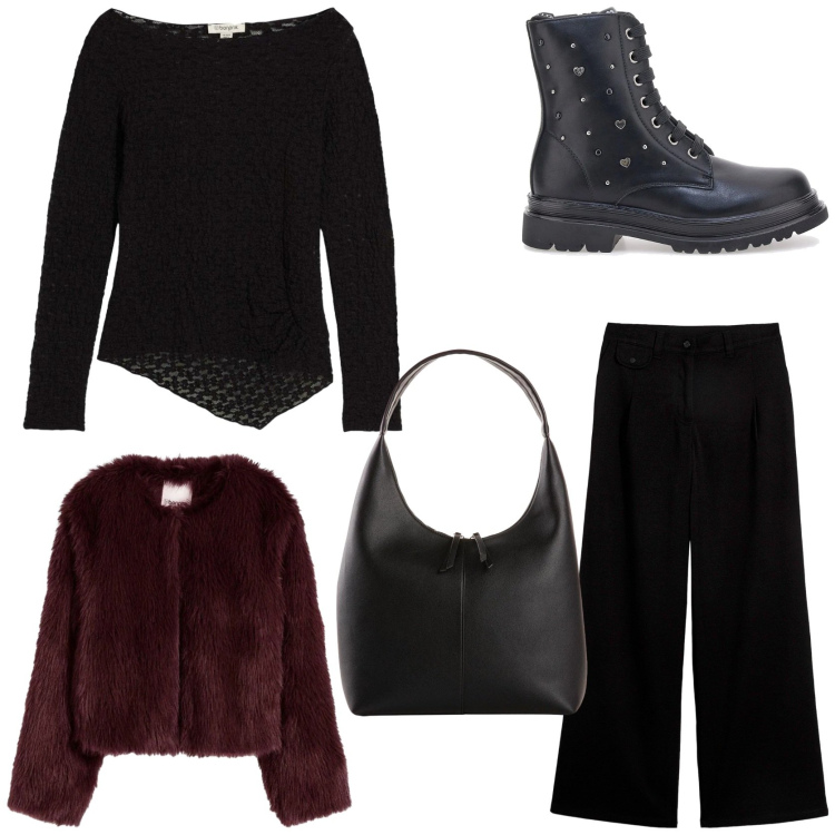 Outfit donna - Il maglioncino originale. Stile Trendy per Tutti i giorni. Abbinamento con ecopellicce, pantaloni, shopping bag, maglieria, anfibi.