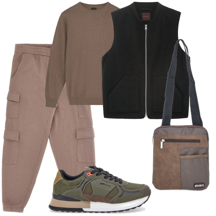 Outfit uomo - In campagna. per Tutti i giorni. Abbinamento con borse sportive, maglieria, piumini, sneakers, pantaloni cargo.