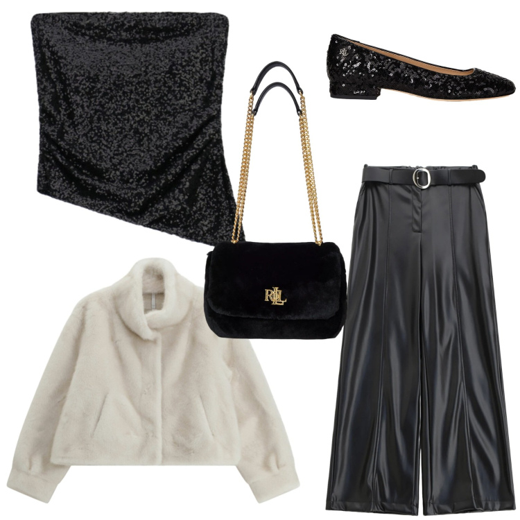 Outfit donna - Brillare per una sera. Stile Glamour per Serata fuori. Abbinamento con pantaloni, ecopellicce, top, borse a spalla, ballerine.
