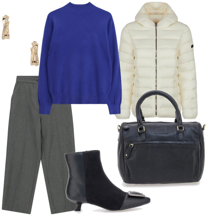 Outfit donna - Per tutto il giorno. per Tutti i giorni. Abbinamento con pantaloni, maglieria, orecchini, blazer, stivaletti, borse a tracolla.