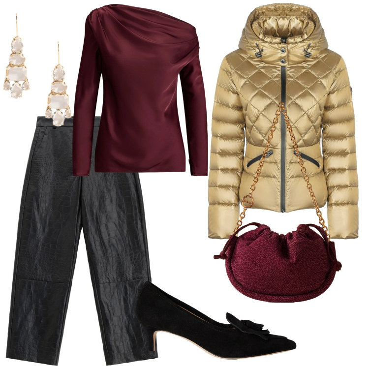 Outfit donna - Serate di festa. per Serata fuori. Abbinamento con pantaloni, borse a spalla, décolleté, bluse, orecchini, piumini.