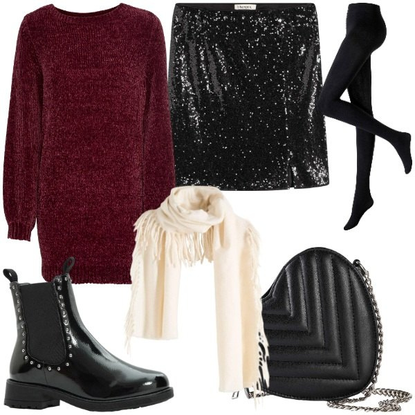 Outfit donna - PARTY bonprix glamour. Stile Glamour per Serata fuori. Abbinamento con collant, minigonne, stivaletti chelsea, borse a tracolla, sciarpe, maglieria.