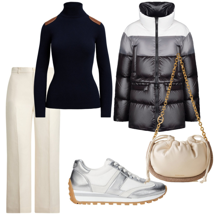Outfit donna - Notte d\'argento. per Serata fuori. Abbinamento con borse a spalla, sneakers, pantaloni, maglieria, piumini.