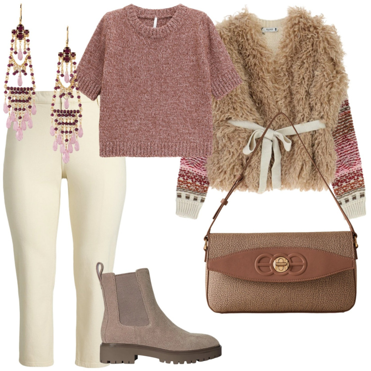 Outfit donna - Pinky season. per Tutti i giorni. Abbinamento con maglieria, maglieria, borse a spalla, jeans dritti, stivaletti chelsea, orecchini.