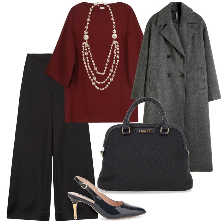 Outfit donna - Non sono una " signora". per Serata fuori. Abbinamento con cappotti, collane, vestiti corti, décolleté, borse a spalla, pantaloni a palazzo.