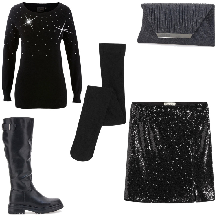 Outfit donna - La magia delle feste. Stile Glamour per Serata fuori. Abbinamento con maglieria, minigonne, collant, pochette, stivali sopra il ginocchio.