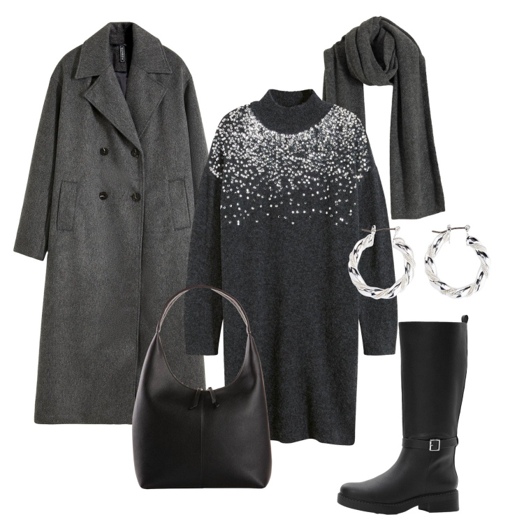 Outfit donna - Abito in lana Xmas mood. Stile Trendy per Tutti i giorni. Abbinamento con vestiti, stivali, orecchini, shopping bag, sciarpe, cappotti.