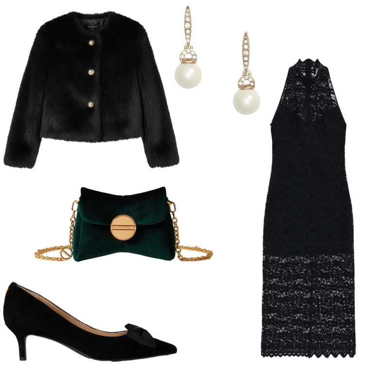 Outfit donna - L\' abito passepartout per le feste. Stile Glamour per Serata fuori. Abbinamento con ecopellicce, vestiti midi/longuette, borse a tracolla, décolleté, orecchini.