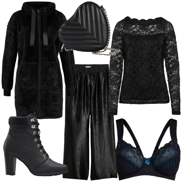 Outfit donna - All black. Stile Glamour per Serata fuori. Abbinamento con maglieria, blazer, reggiseni, stivaletti, pantaloni a palazzo, borse a tracolla.