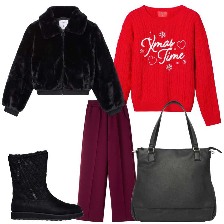 Outfit donna - It\'s xmas time. Stile Casual per Tutti i giorni. Abbinamento con shopping bag, ecopellicce, maglieria, pantaloni, stivaletti.