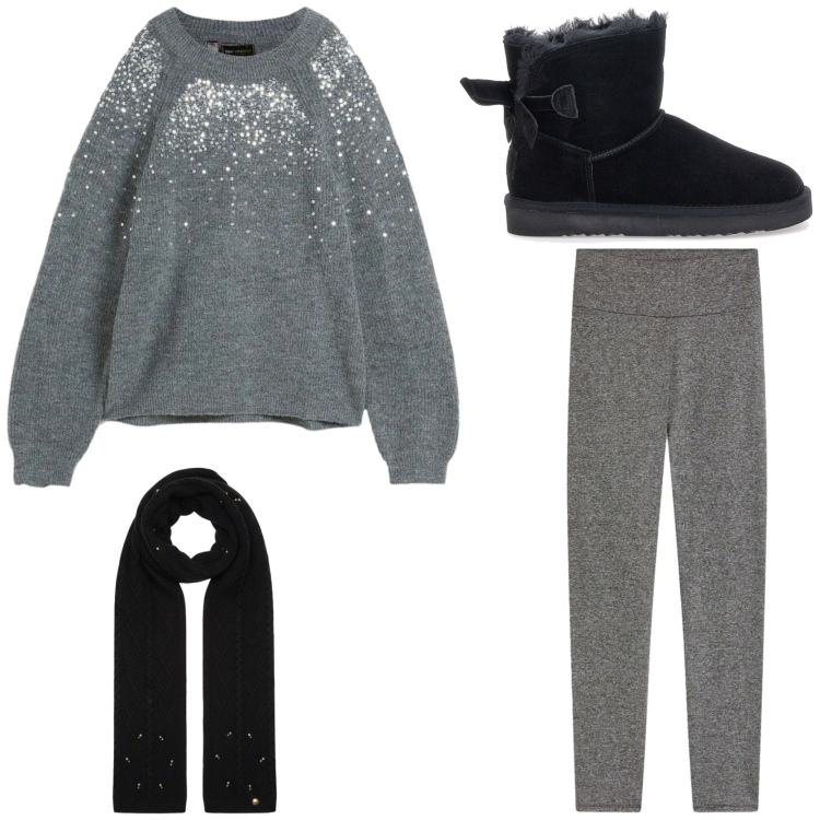 Outfit donna - Feste in casa con gli amici. Stile Basic per Serata fuori. Abbinamento con leggings, maglieria, sciarpe, stivaletti.