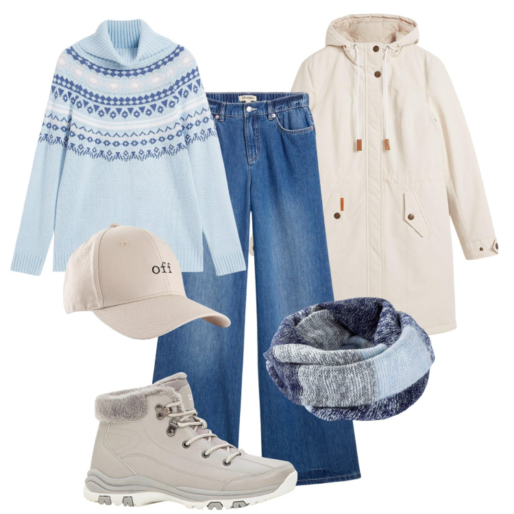 Outfit donna - Winter look. Stile Casual per Tutti i giorni. Abbinamento con blazer, cappelli con visiera, foulard, jeans, stivaletti, maglieria.
